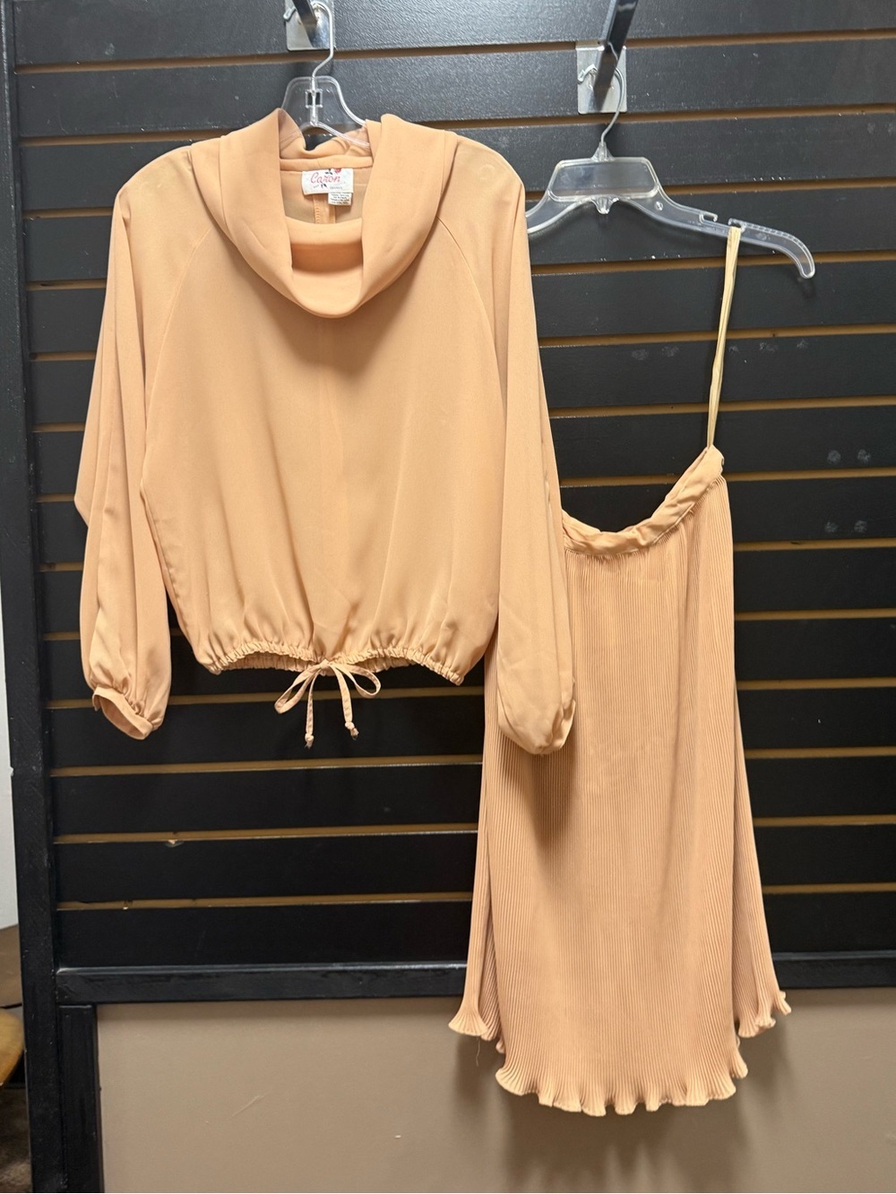 Vintage Caron Chicago 2 Pc Cowl Neck Pleated Skirt Set Tan No Size